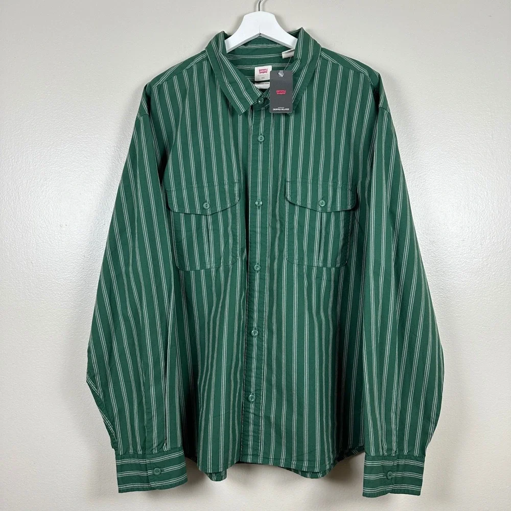 Levi's Men's XXL Button-Down Shirt Green Striped Relaxed Crop Casual Formal‎ NEW